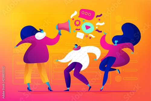 Market segmentation and adverts, target market and customer concept. Vector isolated concept illustration. Small heads and huge legs people. Hero image for website.