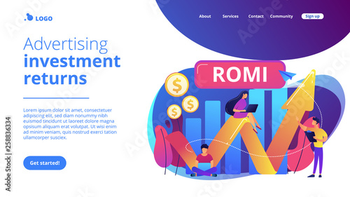 Marketing investment effectiveness chart, tiny people. Marketing investment, return on marketing investment, advertising investment returns concept. Website vibrant violet landing web page template.