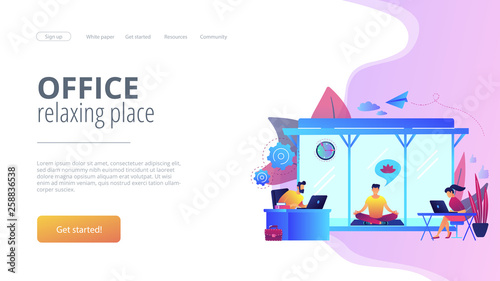 Business people working at laptops in office with meditation and relax area. Office meditation room, meditation pod, office relaxing place concept. Website vibrant violet landing web page template.
