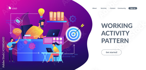 Business team and work process steps from idea to target. Business workflow, business process efficiency, working activity pattern concept. Website vibrant violet landing web page template.