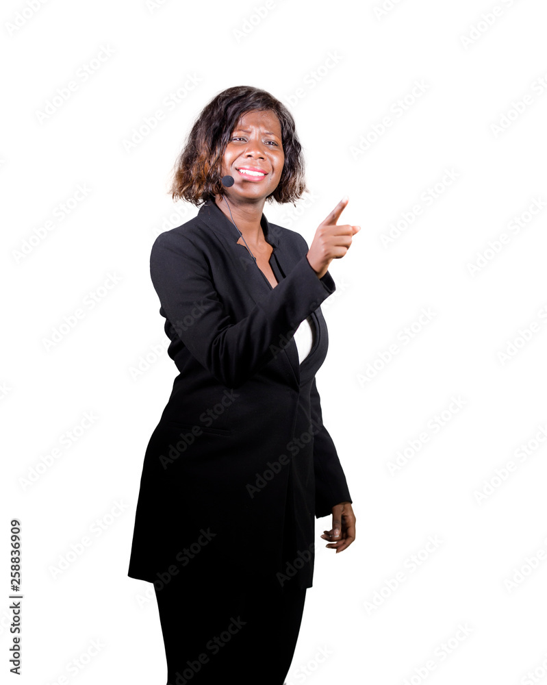 confident black African American business woman with headset speaking at corporate seminar event in motivation coaching conference isolated on white confident black African American business woman with headset speaking at corporate seminar event in motivation coaching conference isolated on white