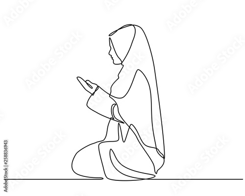 continuous line drawing with silhouette design a woman raises his hand and prayer. can for mubarak Ramadan greeting cards, ramadan kareem, invitations to the Muslim community. in single line style