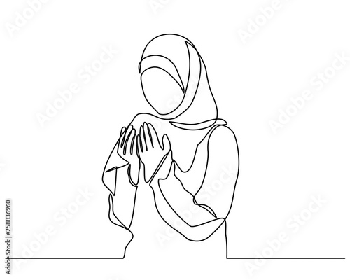 Fototapeta Naklejka Na Ścianę i Meble -  continuous line drawing with silhouette design a woman raises his hand and prayer. can for mubarak Ramadan greeting cards, ramadan kareem, invitations to the Muslim community. in single line style