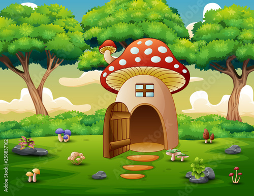 Mushroom house in the forest background