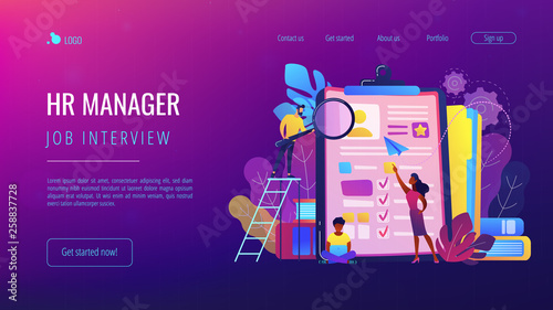 HR managers looking at curriculum vitae of job seeker as a concept of job interview, working experience, recruitment, job application. Violet palette. Website landing web page template.