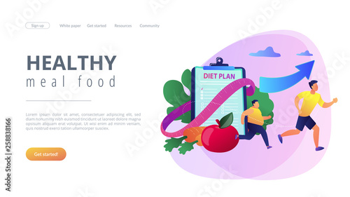 Businessman running and losing weight with diet plan and healthy food, tiny people. Weight loss diet, low-carb diet, healthy meal food concept. Bright vibrant violet vector isolated illustration