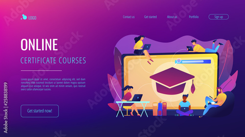 Students with laptops studying and huge laptop with graduation cap. Free online courses, online certificate courses, online business school concept. Website vibrant violet landing web page template.