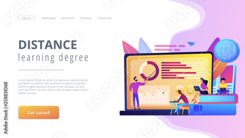 Professor with charts teaching students from laptop screen and globe. Distance education, off-campus learning, distance learning degree concept. Website vibrant violet landing web page template.