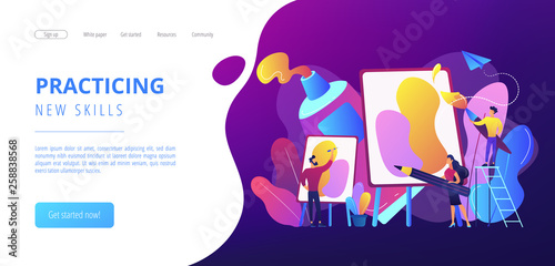Group of people practicing new painting skills at painting workshop with equipment. Workshop, workshop session, practicing new skills concept. Website vibrant violet landing web page template.