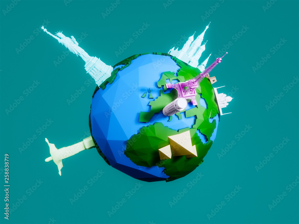 3d render of the planet with architectural landmarks of the world,travel concept 3d render of the planet with architectural landmarks of the world,travel concept