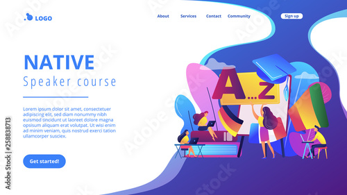 Students practicing dynamic foreign language learning at workshop. Foreign language workshop, language learning group, native speaker course concept. Website vibrant violet landing web page template.