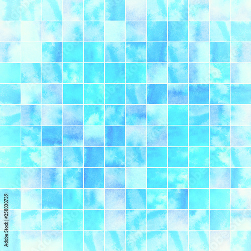 Mosaic Textures as Watercolor Abstraction Background, Blue Colors. Hand Drawn and Painted