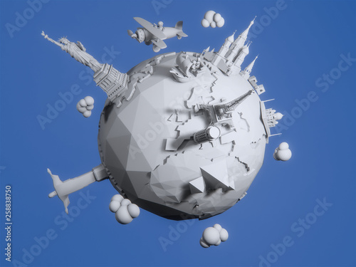 Fototapeta Naklejka Na Ścianę i Meble -  3d render of the planet with architectural landmarks of the world,travel concept