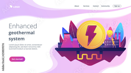 Eco friendly geothermal renewable energy plant and light bulb. Geothermal energy, renewable sources, enhanced geothermal system concept. Website vibrant violet landing web page template.