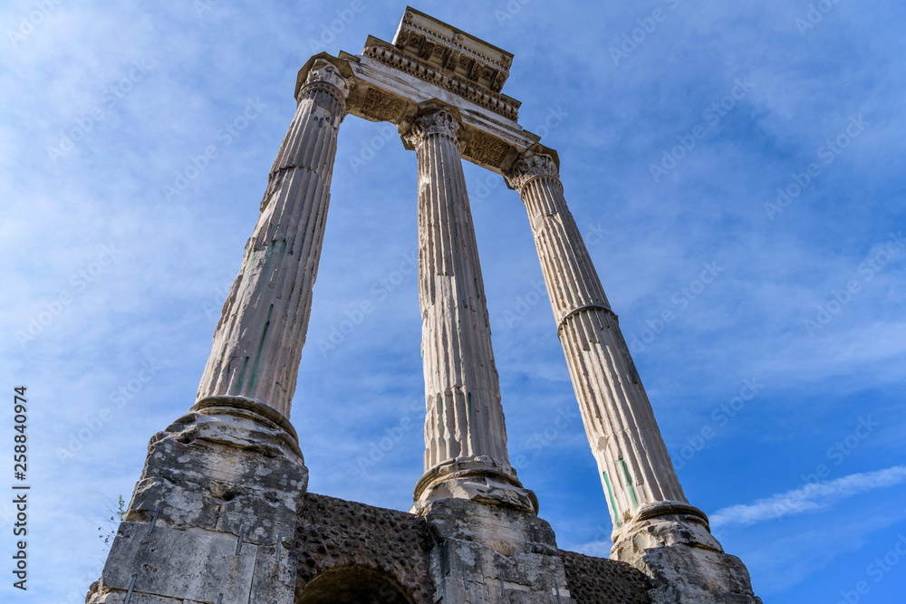 Ruins of Roman Temple - A front closeup view of the 2nd-century Roman Temple of Antoninus and Faustina, later converted to a Roman Catholic church named as San Lorenzo in Miranda, in Roman Forum. 