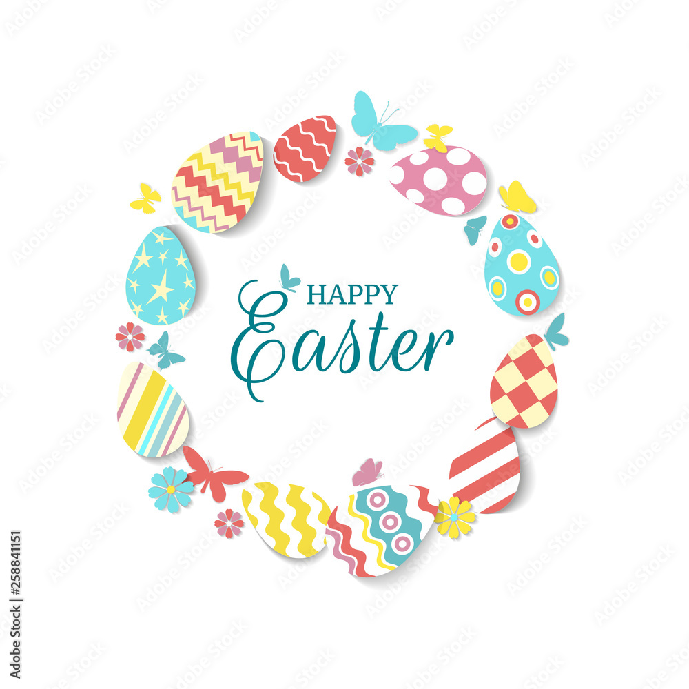 Round frame of colorful eggs, butterflies, flowers with text Happy easter on white. Icons in coral, yellow, turquoise, pink colours with different ornaments and texture. Vector illustration