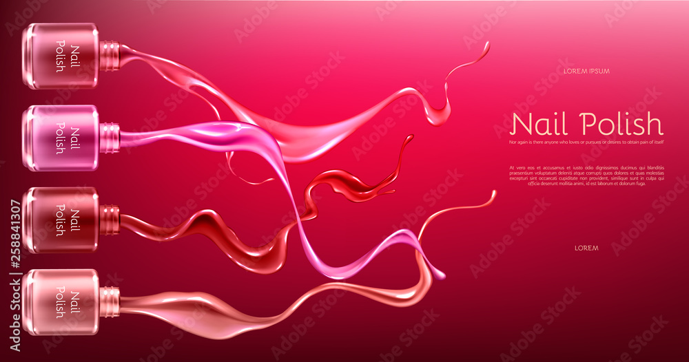 Red or pink nail polish 3d realistic vector ads banner with glass bottle in glossy, liquid varnish enamel splash frozen motion illustration. Womens cosmetics and make up product promotional mockup - obrazy, fototapety, plakaty 