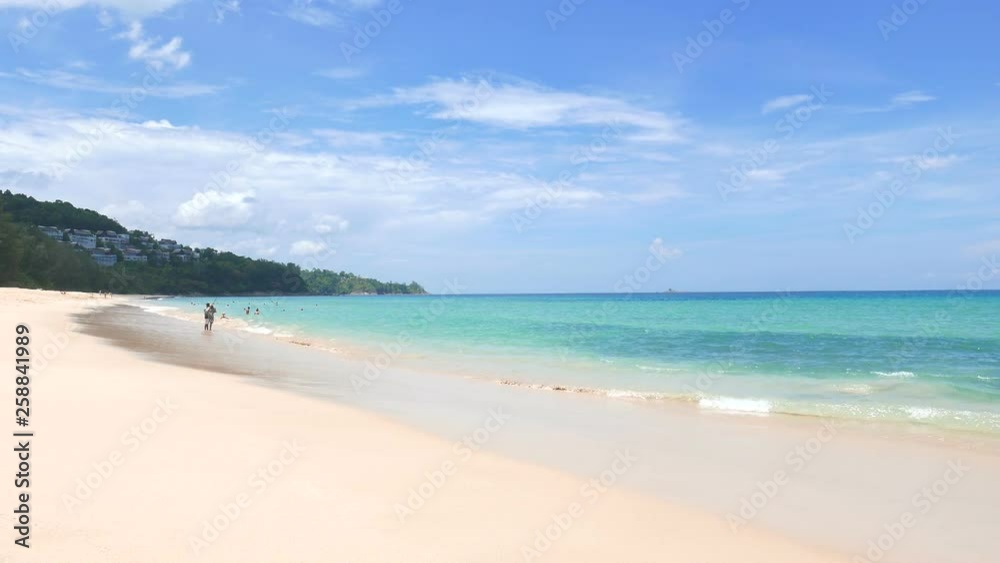 Summer nature scene. Tropical beach with sea wave on the sand and palm trees Summer nature scene. Tropical beach with sea wave on the sand and palm trees