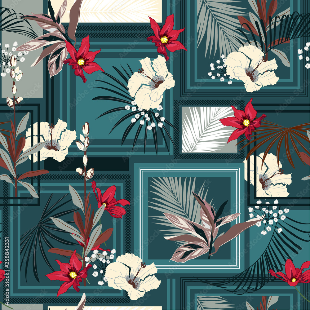 Seamless pattern silk scarf with modern frame exotic forest. Design for fashion ,fabric ,wallpaper, web and all prints