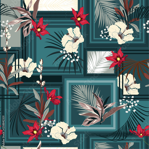 Seamless pattern silk scarf with modern frame exotic forest. Design for fashion ,fabric ,wallpaper, web and all prints