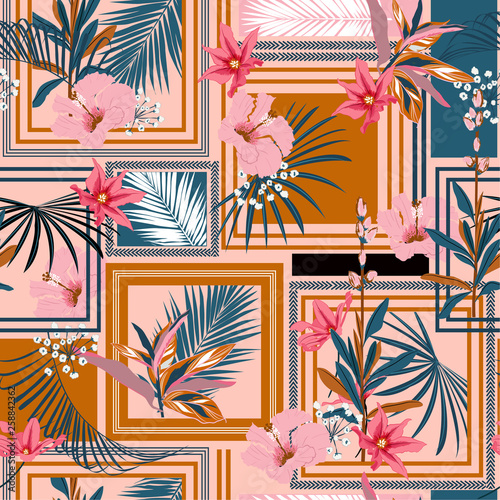 Summer bright Seamless pattern silk scarf with modern frame exotic forest. Design for fashion ,fabric ,wallpaper, web and all prints