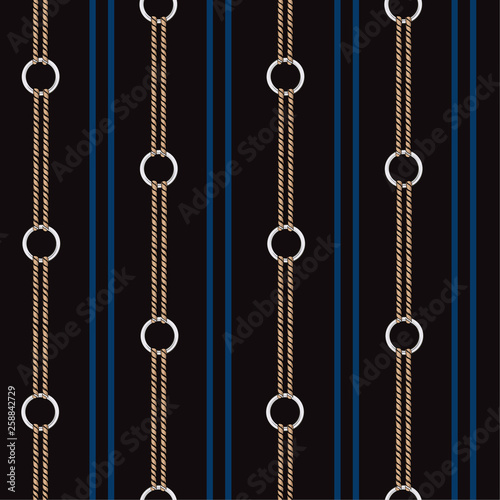 Trendy Seamless vector pattern background with hand drawn chain, and summer nautical rope in vertical stripe