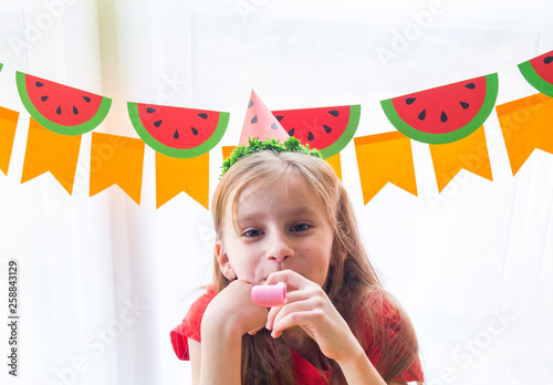 Children celebrate a birthday. Pineapple and watermelon costume. Fruit Party.