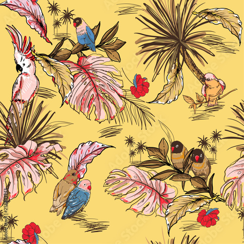 Stylish pastel tropical hand drawn sketch with exotic parrot birds seamless pattern in vector Design for fashion  fabic web wallpaper and all prints