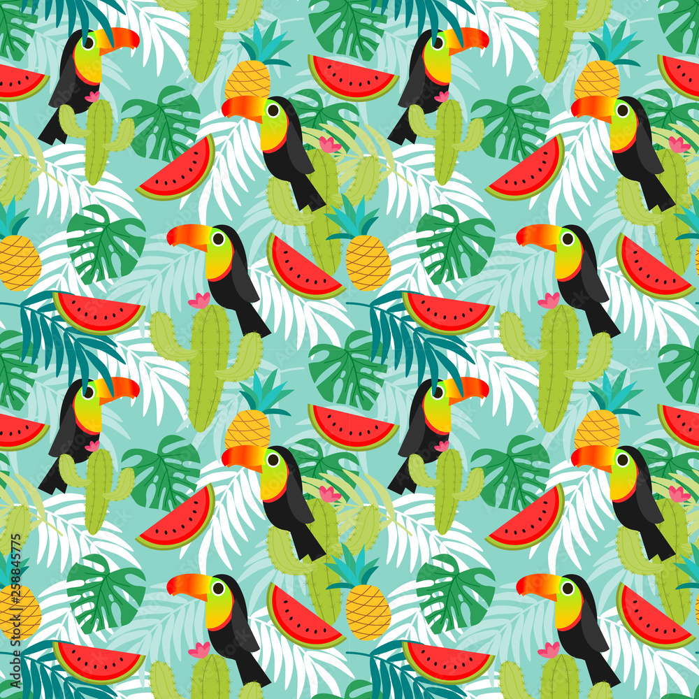 Toucan birds,tropical leafs and exotic fruit seamless pattern.
