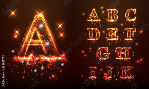 Bright sparkling alphabet on a brown background