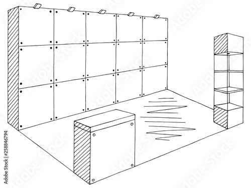 Exhibition stand graphic interior black white sketch illustration vector