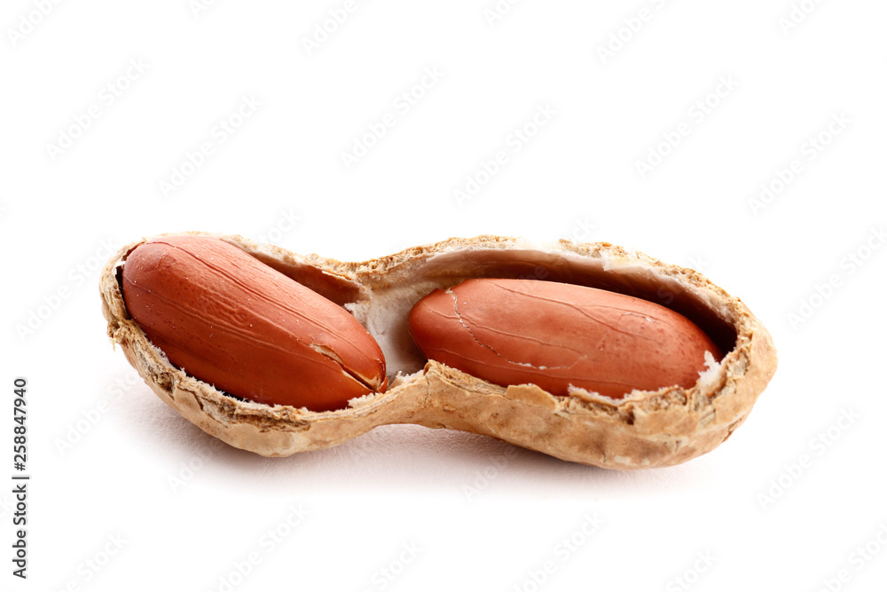 Raw peanuts on white background. Healthy snack ona white background. Top view. close-up.