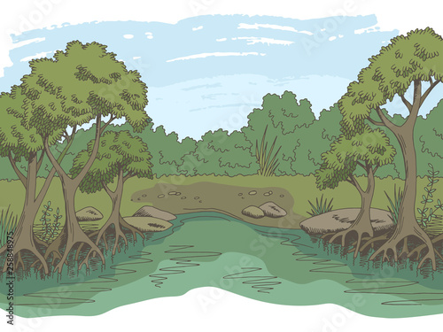 Jungle forest river graphic color landscape sketch illustration vector