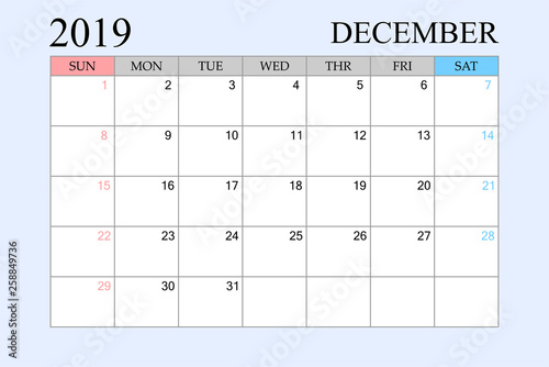 2019 Calendar, December, Schedule Planner, organizer, weeks start from Sunday photo