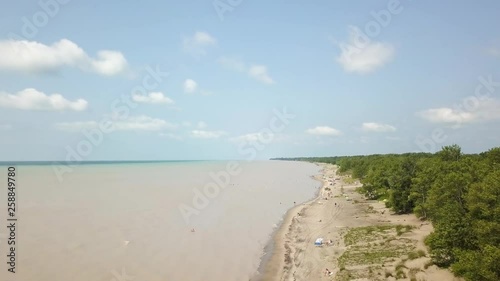 Lake Erie, beach and turbid water after storm. Aerial view. 4k photo