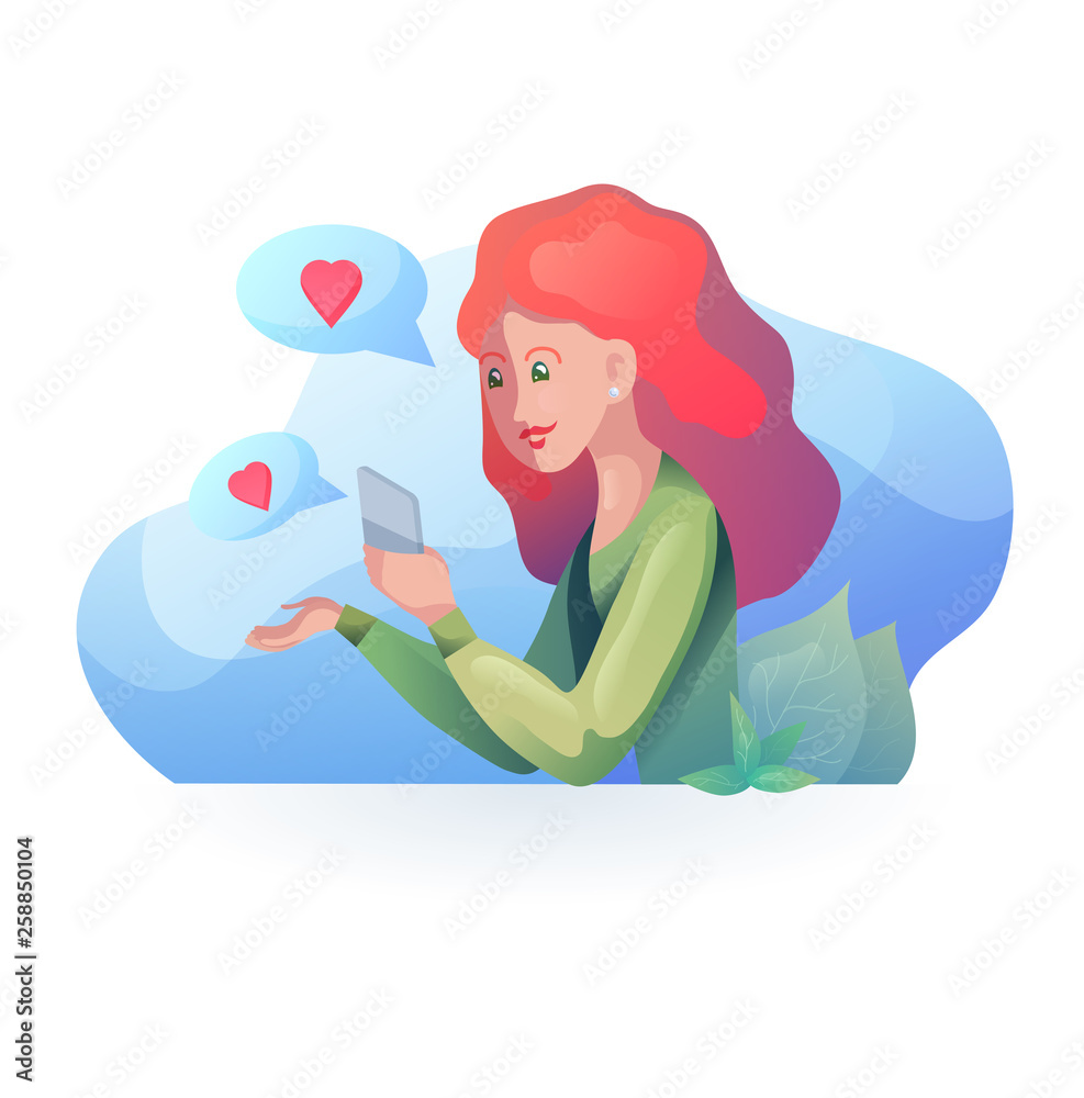 Red haired girl talking on the phone in modern style. Acquaintance by phone. Relationships at a distance. Vector element for articles, dating sites and your design. Red haired girl talking on the phone in modern style. Acquaintance by phone. Relationships at a distance. Vector element for articles, dating sites and your design.
