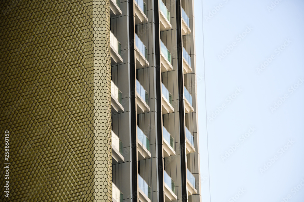 Glass balcony, Facade detail of Modern high rise building, Exterior. Glass balcony, Facade detail of Modern high rise building, Exterior.