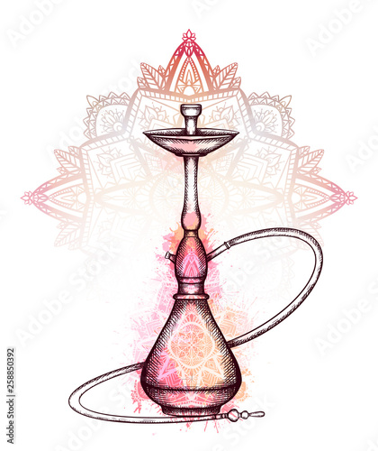 Illustration of hookah with hatching, pink watercolor splashes, ornaments and tracery  zen mandala on background. Vector engraving element for menu, cards and your design.