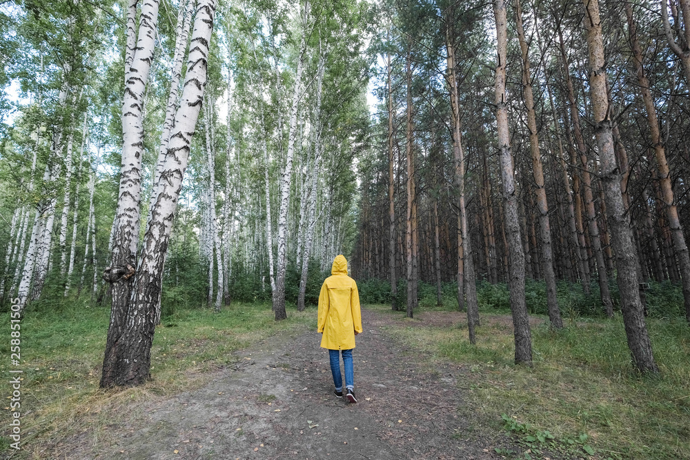 A woman in a yellow raincoat in the woods.