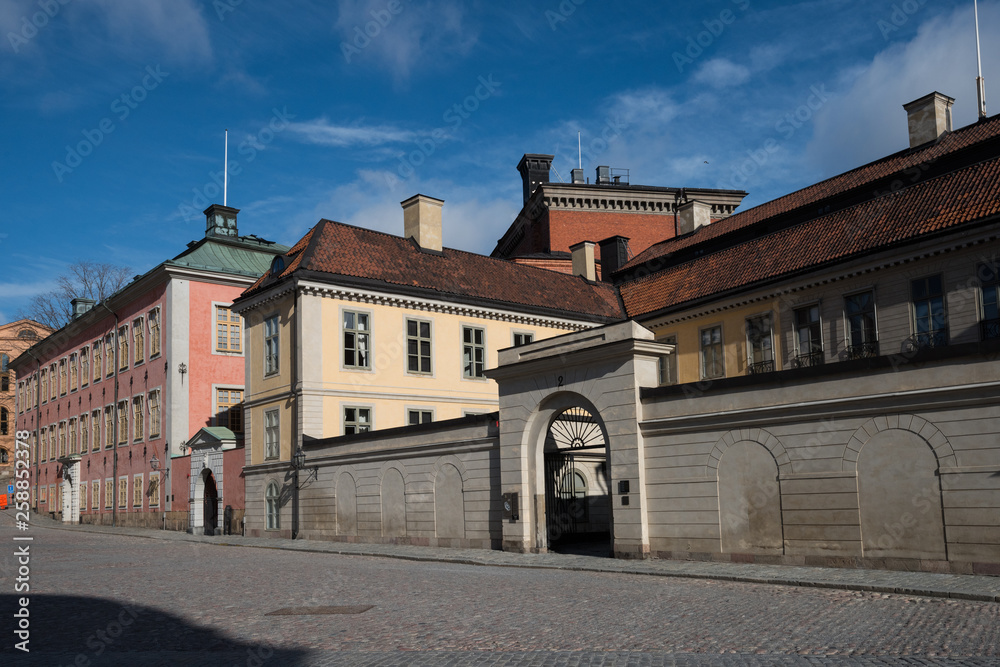 An sunny spring day at the Riddarholmen island in Stockholm with old courthouses and medieval church