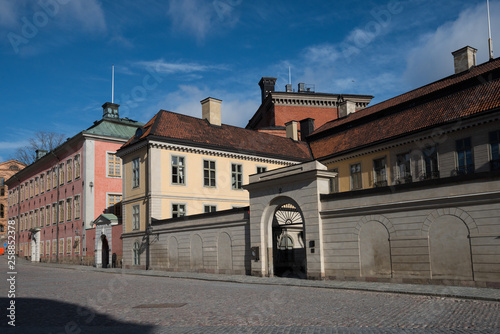 An sunny spring day at the Riddarholmen island in Stockholm with old courthouses and medieval church