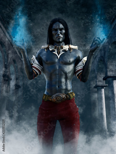 Dark elf sorcerer standing in old ruins and holding blue fire in his hands. 3D render.