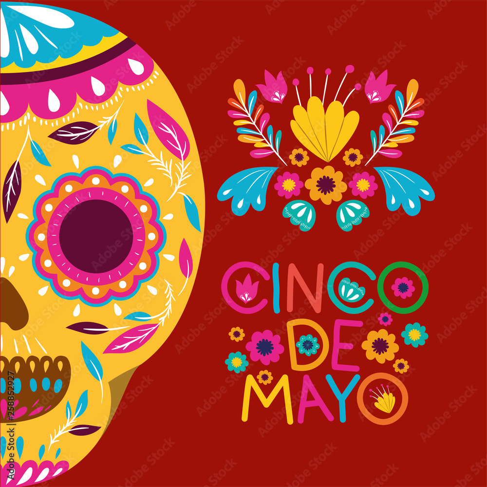 cinco de mayo card with flowers and skull mask cinco de mayo card with flowers and skull mask