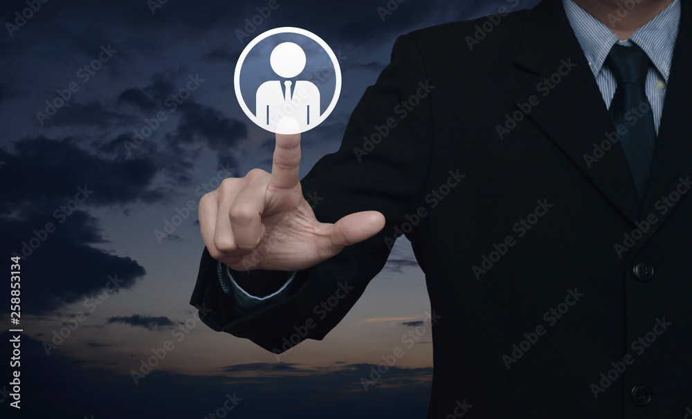 Hand click businessman flat icon over sunset sky, Business communication concept Hand click businessman flat icon over sunset sky, Business communication concept