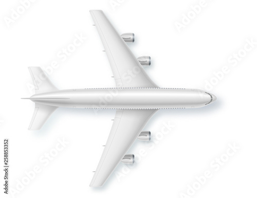 Silver airplane, top view. Vector illustration. Detailed concept of aircraft. Plane for travel. Jet commercial airplane isolated on white background