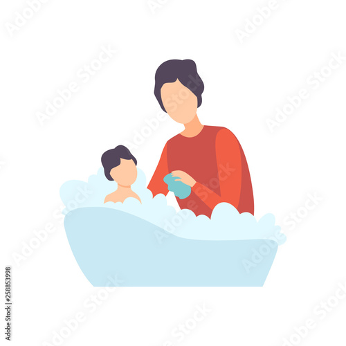 Father Bathing Baby in Bathtub, Parent Taking Care of His Child Vector Illustration