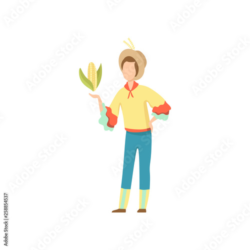 Young Man in Bright Costume and Cowboy Hat with Corncob, Festa Junina Brazil June Festival Vector Illustration