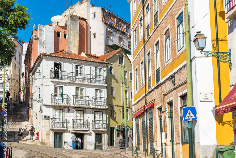 On track of the famous tramline twenty-eight in the Alfama district of Lisbon