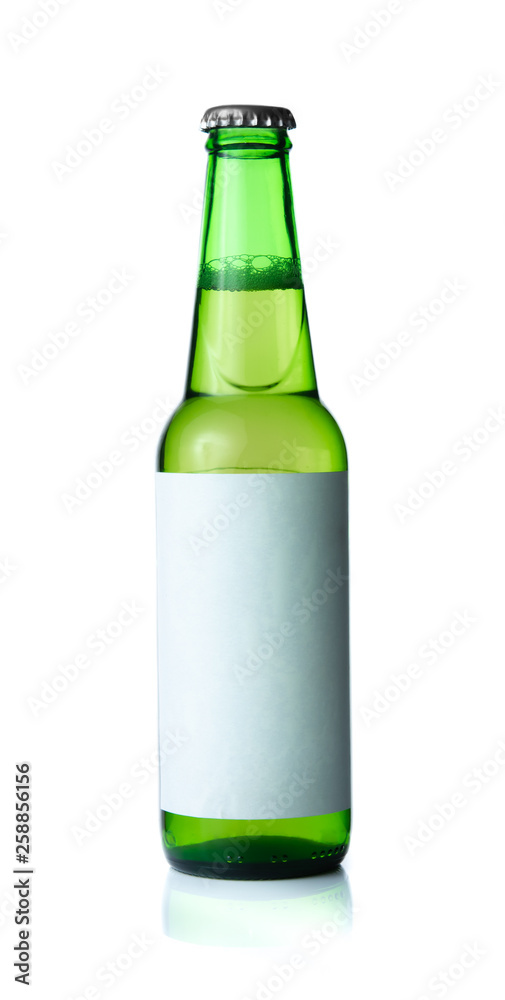 Glass green Beer with blank white label on white background for print design and mock up