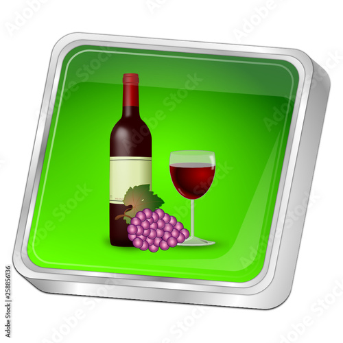 Button with wine bottle, a glass of wine and Grapes - 3D illustration